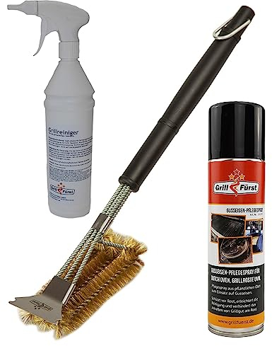 Grillfürst Grillbürste für Gusseisenroste mit Messingborsten und Schaber, Gusseisen Pflegespray Grillreiniger