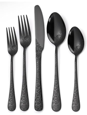 Vintage Carving Kitchen Stainless Steel Silverware Tableware Flatware Cutlery Knives Forks Spoons Set Home Steak Knife Dessert Spoon (Black,5 Pieces)