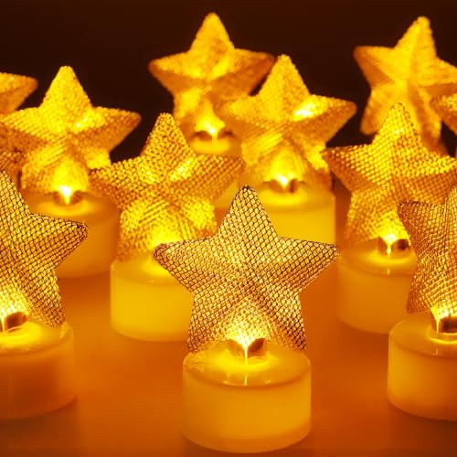 HAIDOLIANG Bougies Chauffe-Plat à DEL Sans Flamme, Lot De 6 - Star | ferronnerie, fonctionnent à piles, vacillantes Jaune chaud, réalistes et lumineuses, Facile à utiliser， longue durée batterie
