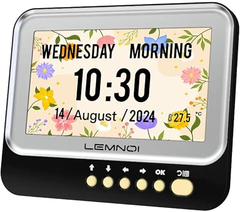 Lemnoi 7 Zoll Digitaler Kalender,Seniorenuhr mit Datum und Wochentag,Wanduhr für Demenzkranke mit Temperatur,15 Wecker&Erinnerung an Medikamente (schwarz)