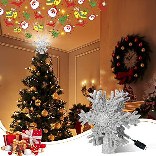 iLitLuk Puntale Albero di Natale a Forma di Fiocco di Neve, Punta dell'Albero con Proiettore LED Rotante Incorporato, Tree Topper, Fiocco di Neve Albero Superiore, Cima dell'Albero a Fiocco di Neve