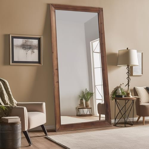 Rustic Farmhouse Full Length Mirror with Stand 71X32 Large Wood Frame Floor Mirror, Leaning or Wall Mounted Free Standing Mirror for Entryway Bedroom Living Room, Tempered Glass, Brown