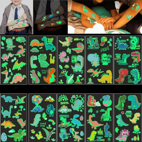 Leuchtende Dino Tattoos für Kinder - 10 Blätter Wasserdichte Temporäre Tattoos, Geburtstag Party Geschenk Dekorationen