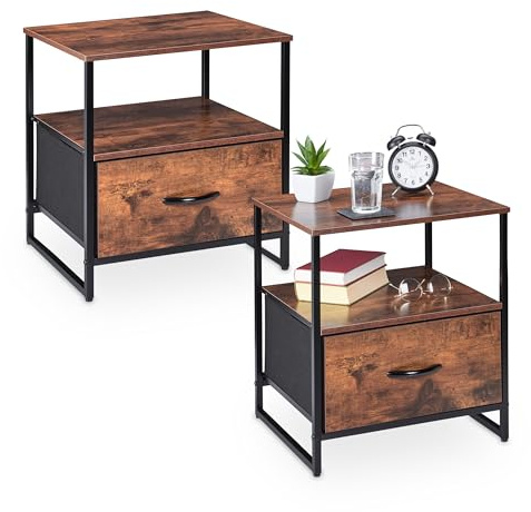 Relaxdays Nachttisch Industrial, 2er Set, HBT 50 x 45 x 42,5 cm, Nachtschrank mit Schublade, Schlafzimmer, schwarz/braun | HBT 50 x 45 x 42,5 cm, Nachtschrank mit Schublade, Schlafzimmer