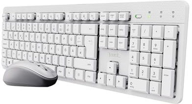 Trust ODY II Leise Tastatur Maus Set Kabellos Deutsches QWERTZ Layout, Flachen Tasten, Beidhändig Funkmaus 800-1600 DPI, Spritzwassergeschützt, EIN USB-Empfänger, für PC Computer Laptop Mac, Weiß