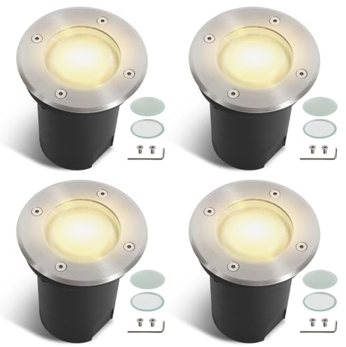 Fiqops 4er Set Bodenstrahler außen IP67,Bodeneinbaustrahler aussen mit LED GU10 3W Warmweiß (Wechselbar) rund Schwenkbar Silber Mit Mattierten Ersatzlinsen Bodenspot befahrbar 230V