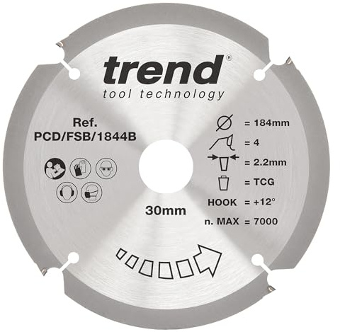 Trend cirkelsågblad av PKD-fibercement, 184 mm diameter, 30 mm borrning, 4 tänder, 2,2 mm skärfog, +12° krok, PKD, grov yta, PCD/FSB/1844B