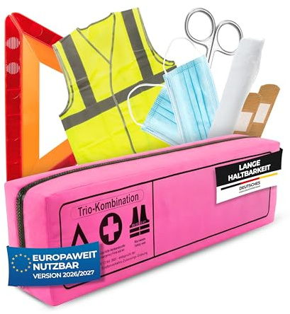 Thomatex® KFZ Kombitasche (3in1) 2026/2027 [DIN 13164-2022] – Lange Haltbarkeit – Erste-Hilfe-Set mit Warndreieck & Warnweste – Pink