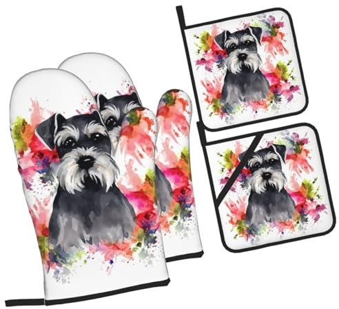 Mitaines De Cuisine Schnauzer Anti Chaleur Baking Gloves Professionnel Maniques Cuisine pour Four Grillade Barbecue,4 Pièces