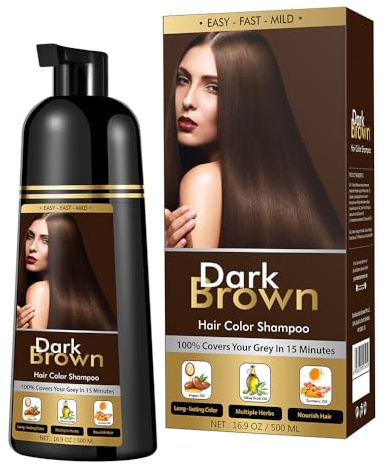 Dark Brown Hair Dye Shampoo for Men and Women,Instant Color Shampoo for Gray Hair Coverage, Herbal Ingredients, 500ml