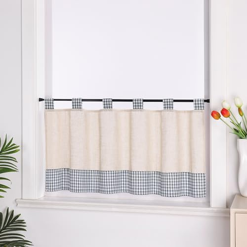 Joyswahl Scheibengardinen Leinenoptik Kurz Bistrogardine mit Schlaufen Landhausstil Beige Küchengardinen Lichtdurchlässig Kurzstores Blau HxB 60x120 cm 1er Pack