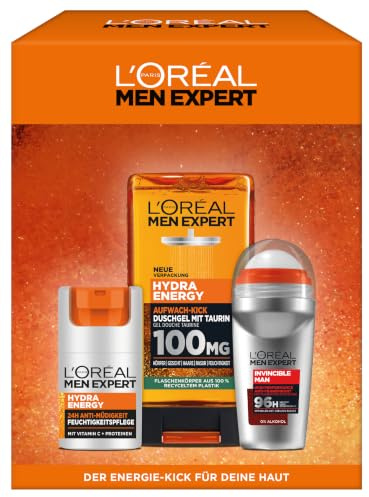 L'Oréal Men Expert Pflegeset für Männer, Geschenkset mit Gesichtscreme 24H Anti-Müdigkeit, Duschgel & Anti Transpirant Deo Roll-On, Hydra Energy, Invincible Man, 1 x 50ml, 1 x 50ml, 2 x 250ml