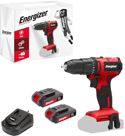 Energizer - Perceuse Visseuse Sans Fil 20V Ultra Légère Couple 40 Nm, 2 Vitesses (1850 RPM), Mandrin 10mm, Inclus 2 Batteries 20V 2AH + Chargeur Rapide, Outil Haute Performance Bricolage & Chantier