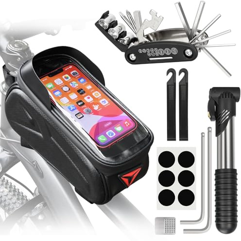 PXZBLG Bike Repair Kit, Bike Frame Bag with 1.6L Capacity, Waterproof Tube Bag Compatible Phone Under 7”, 16-in-1 Bike Multitool, Bicycle Tire Repair Kit, 4mm and 5mm Allen Wrenches