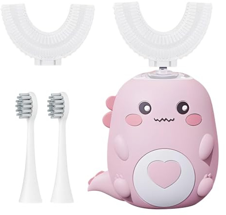 Jonuin Brosse à Dents Électrique en Forme de U pour Enfants, Brosse à Dents à Ultrasons à 360º avec 2 Têtes U en Silicone et 2 Têtes Souples, Étanchéité IPX7, Design Dinosaure, 2-12 Ans (Rose)