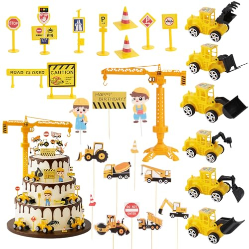 Construction Toys Cake Decoration Set, 28-Piece Engineering-Themed Car Cake Decorations, Building Party Supplies, Tractor Cake Topper and Toy Digger Birthday Decorations for Kids