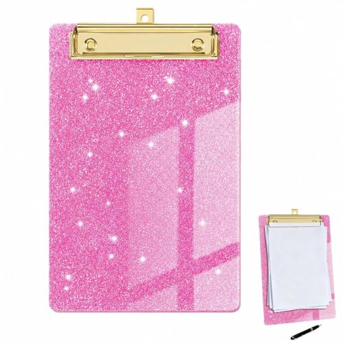 Plastic Acrylic Glitter Clipboard, Stardard Letter A6 Size Clipboards Cute Confetti Clip Board for Classroom, Teacher, Women with Gold Clip, for Office, School (Pink, A6/6‘’x4'')
