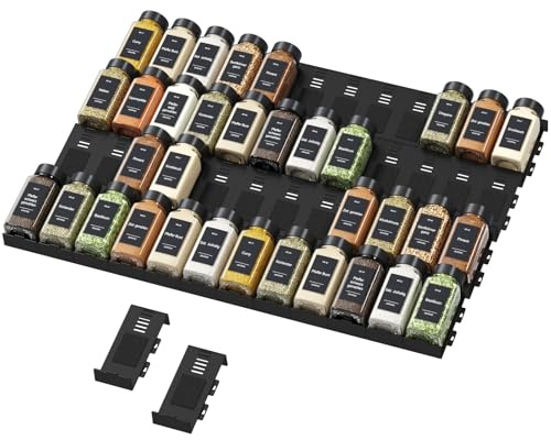 Lifewit 48 Piezas Organizador de Especias Ajustable para La Mayoría de Los Cajones, Combinable de Spice Rack Cajones de Cocina, Estante Especias Sin Botes para Spice, Accesorios Cocina Negro