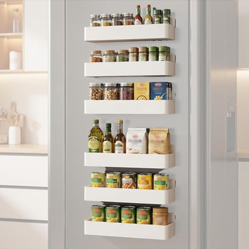 Gevvnss 6-Pack Magnetic Spice Rack for Fridge,Space-Saving Shelf Organiser with Condiments,Jars & Utensils