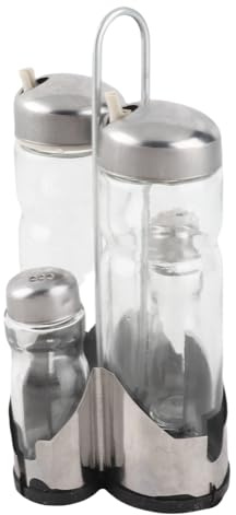 Rengue Seasoning Bottle Set, Vinegar Dispensers with Caddy Stand, 4-Piece Cruet Set, 2 X 6-Ounce Dispensers and 2 X 1.5-Ounce Shakers, Clear Glass Seasoning Bottle, Stainless Steel
