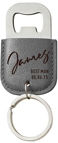 EDSG Personalised Bottle Opener Keyring, Stainless Steel & Leather Bottle Opener, Birthday Christmas Valentines Gifts for Him Husband Boyfriend, Wedding Best Man Groomsmen Gift (Grey, Design 2)