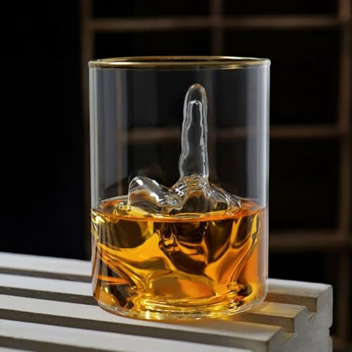Generico Bicchiere da whisky con dito medio divertente con bordo in oro, tazza di birra con liquore per bar, accessorio unico per regalo e bar
