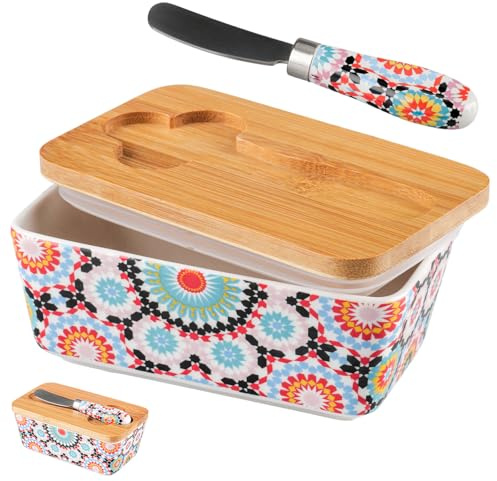 YunBey Bohemian luftdichte Keramik Butterdose mit Bambusdeckel und Messer | Inkl. integriertem Buttermesser, spülmaschinenfest, dekorativ, ideal für kleine Butterstücke oder selbstgemachte Portionen.