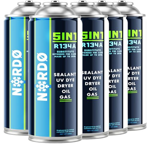 Nordo 5-en-1 – 5X Réfrigérant R134a 235 g Chaque Boîte pour Climatisation Auto avec Huile, Stop-Fuite, Traceur UV Et Déshydratant – Protège Le Compresseur