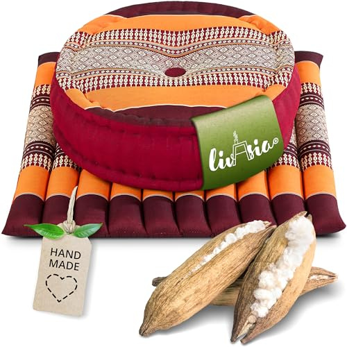 livasia Meditationsset L - Ø 38x15cm / Matte 50x50x4,5cm - Yogaset mit Kissen und Matte, Pouf, Yogamatte und Yogakissen mit Kapok handgefertigt, Bodenkissen Outdoor, Zafukissen