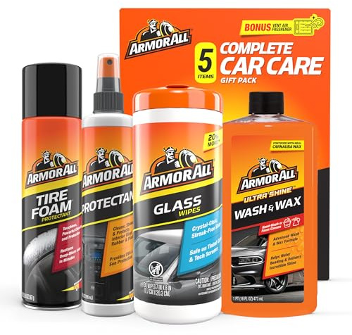 Armor All Car Wash and Car Cleaner Kit by Armor All, Includes Glass Wipes, Car Wash & Wax Concentrate, Protectant Spray and Tire Foam