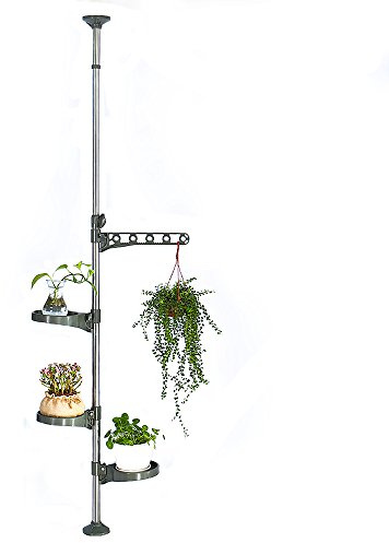 BAOYOUNI Hylla för växter inomhus 5 nivåer, metall, hylla, blomma, blomkruka, växthöjd, teleskopisk stång, justerbar höjd (90-140 cm) - (135-185 cm), grå