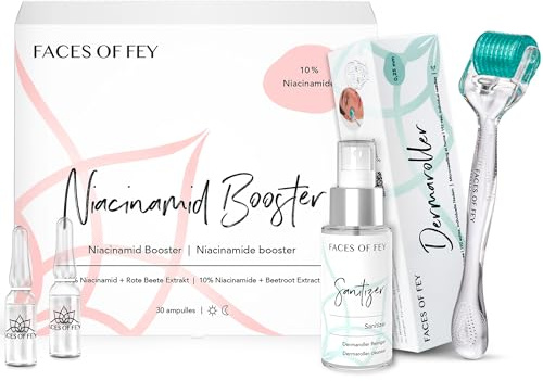 FACES OF FEY Microneedling Set gegen vergrößerte Poren – Dermaroller 0,25 mm mit ECHTEN 192 Nadeln - 10% Niacinamid Serum & Sanitizer für eine strahlende Haut
