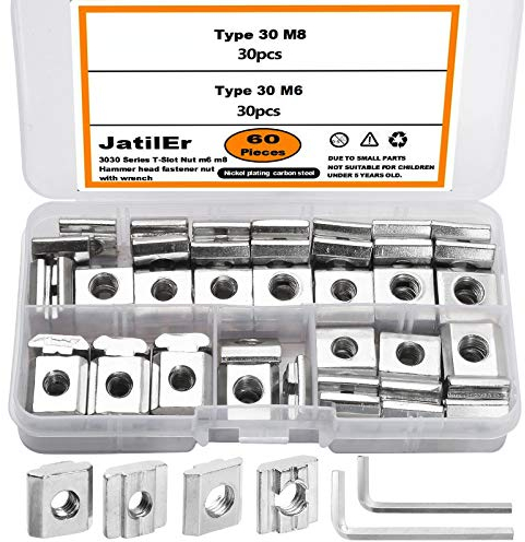 60 Stück Nutenstein Nut8 Nut 6-Typ B, JatilEr Nutensteine M6 M8 Gleitmuttern Hammermutter T Nutmuttern Sortiment Kit mit 2 Schraubenschlüssel für Aluminiumprofil-Extrusionsschlitz Standard-30-Serie