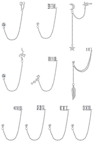 ADRAMATA 10Pcs Pendientes Dorados y Plata para Mujer - Cadena con Plumas, Serpiente, Luna - Largos de Oreja, Cartílago, Hélice - Oruga con Borla - Ear Cuff