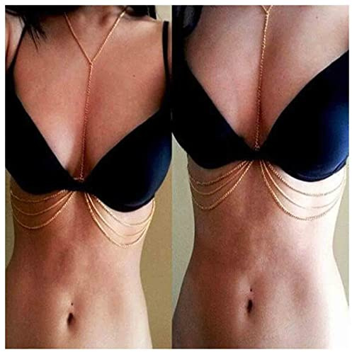Yheakne Boho Lagen-BH Körperkette Gold Bikini BH Kette Halskette Lange Sklaven Körperkette Sommer Strand Körperschmuck für Frauen und Mädchen (Stil A)