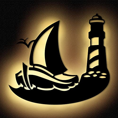 Namofactur Led Leuchtturm auf See Wand Deko Maritim Dekoration I Mit Edelstahl Wandhalter I Batteriebetrieb