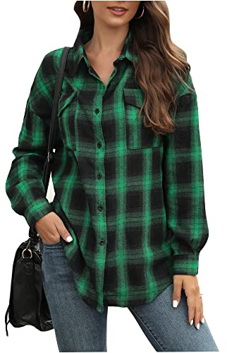 Chickwin Femme Chemise à Carreaux Manches Longues en Flanelle, Blouse Décontractée à Boutons Plaid Vintage, Chemise Bucheron Grande Taille Automne Cardigan Manteau Veste