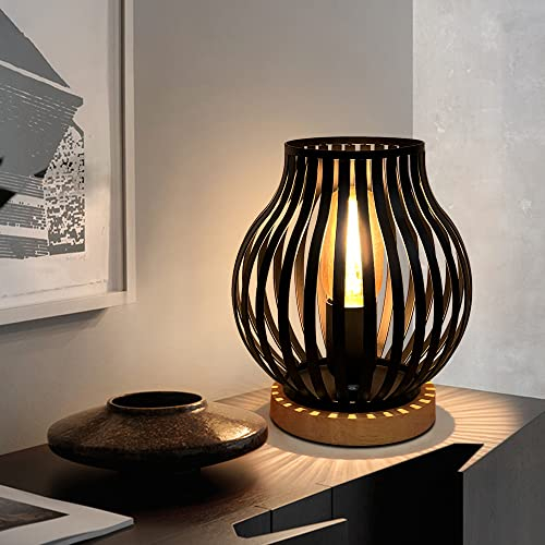 HHMTAKA Metal Cage LED Bedside Table Lamp Wooden Base Black Lamp 20cm High Decorative Bedside Lamp with Edison Bulb for Bedroom Living Room Guest Room Weddings Parties Patio (Pumpkin Shape)