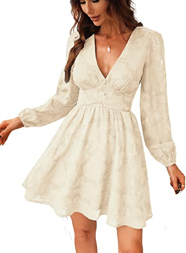 CUPSHE Dam spets miniklänning långärmad blommigt tryck A linje klänning för fest bodycon klänning, Elfenben a, M
