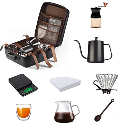Hand Coffee Gift Set, Portable Coffee Kit Maker, Mannal Grinder, Dripper, 600ml Kettle, Glass Server, 250ml Mug, Timer Scale, Travel Bag