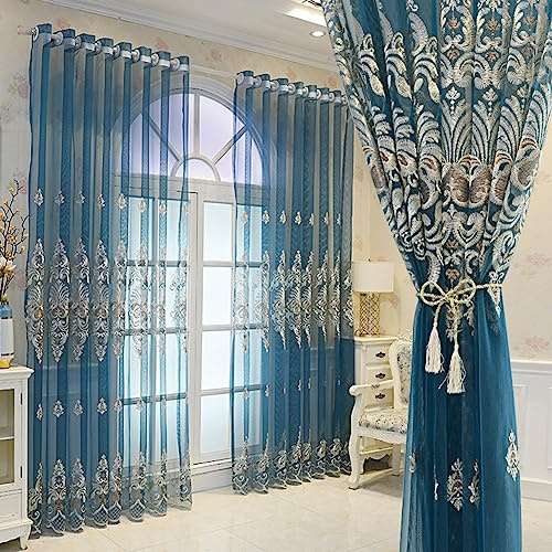 Blau Vorhang Wohnzimmer Schlafzimmer Transparent Ösen 3D Barock Vintage | Luxus Ösenvorhang Gardinen Halbtransparent Ösenschal Dekoschal Gardinenschal 2er-Pack 140x245