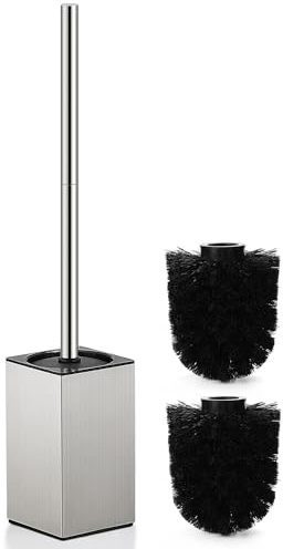 HOUHA Klobürste Toilettenbürste WC Bürste Edelstahl mit Toilettenbürstenhalter, 2 Bürstenköpfen, Schnell trocknendes Design Silber