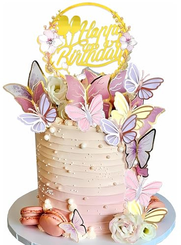 35PCS Butterfly Cake Topper Decorations with Artificial Flowers for Anniversary Butterfly Birthday Supplies (Pink Gold)