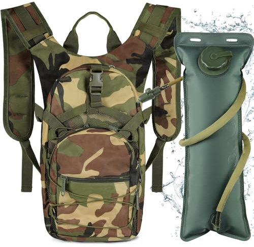 Neloheac Zaino Trekking Tattica con Vescica 3L, Zaino Idratazione Trail Running Grande Capacità, Sacca Acqua per Zaino para Ciclismo Viaggio Corsa, Mimetico