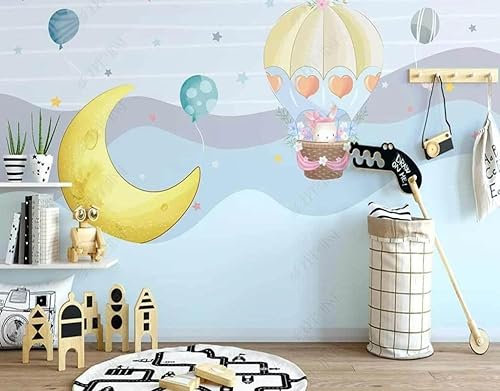 Fototapete 3D Effekt Tapeten 3D Cartoon Heißluftballon Tiere Wolken Sternenhimmel Mond Kinder Tapete Fototapeten Vlies Wandtapete Wohnzimmer Schlafzimmer Wand Schmücken 300Cm(W)*210Cm(H)