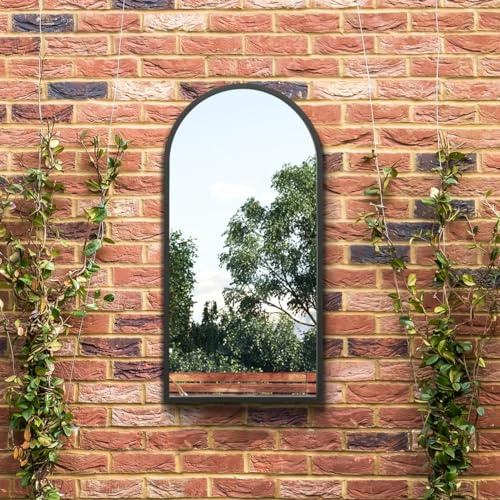 The Arcus - Black Metal Framed Arched Garden Wall Mirror 31 X 16 (80CM X 40CM). Suitable for Outside and Inside