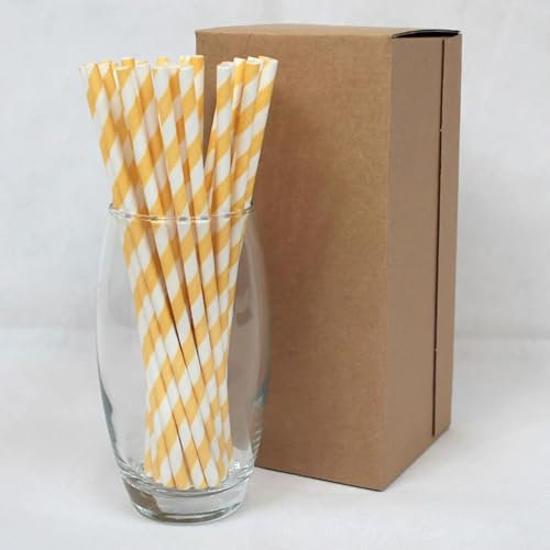 Yellow and White Striped Paper Straws 6mm x 200mm (8) - Pack Size 500 - Food Safe/PFAS Free/Biodegradable/Suitable for All Occasions