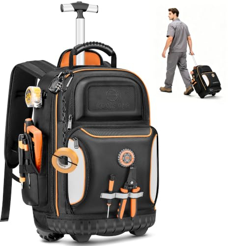 Backpack Tool Bag with Wheel, Rolling Tool Backpack for Electrician Heavy Duty Roller Tool Bag on Wheel for Construction Work, 75 Pockets & Loops Tool Backpack with Molded Base and Combination Lock
