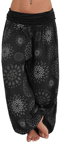shownicer Damen Haremshose Blumenmuster Sommer Boho Baggy Hose Ballonhose Pluderhose Yogahose Aladinhose Harem Stil mit Elastischen D Schwarz M