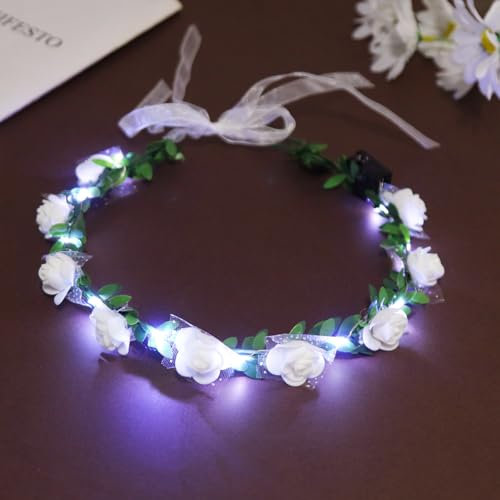 Diadema Flores Luminoso, Corona de Pelo Luminosa Flores, Tocado de Flores Luces LED, Adorno Pelo para Mujer para Festivo, Despedidas de Soltera, Bodas, Carnavales, Halloween (Blanco)